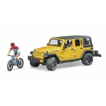 Kisautó terepjáró Jeep Wrangler Rubicon Unlimited sárga játékfigurával és biciklivel műanyag Bruder 1:16