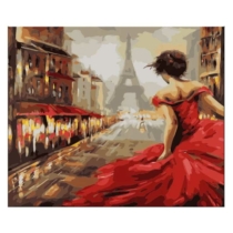 Számos festővászon keretben festékkel és ecsettel Piros ruhás nő Párizsban 30x40 cm