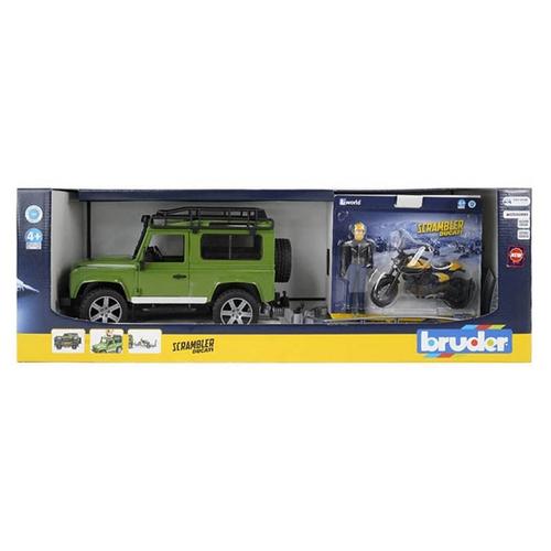 Land Rover Defender terepjáró és Ducati Scrambler Full Throttle motorral Bruder (02589) 1:16