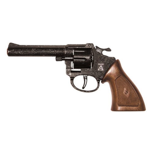 Pisztoly western revolver patronos 8 lövetű forgótáras Ringo fekete kopottas műanyag